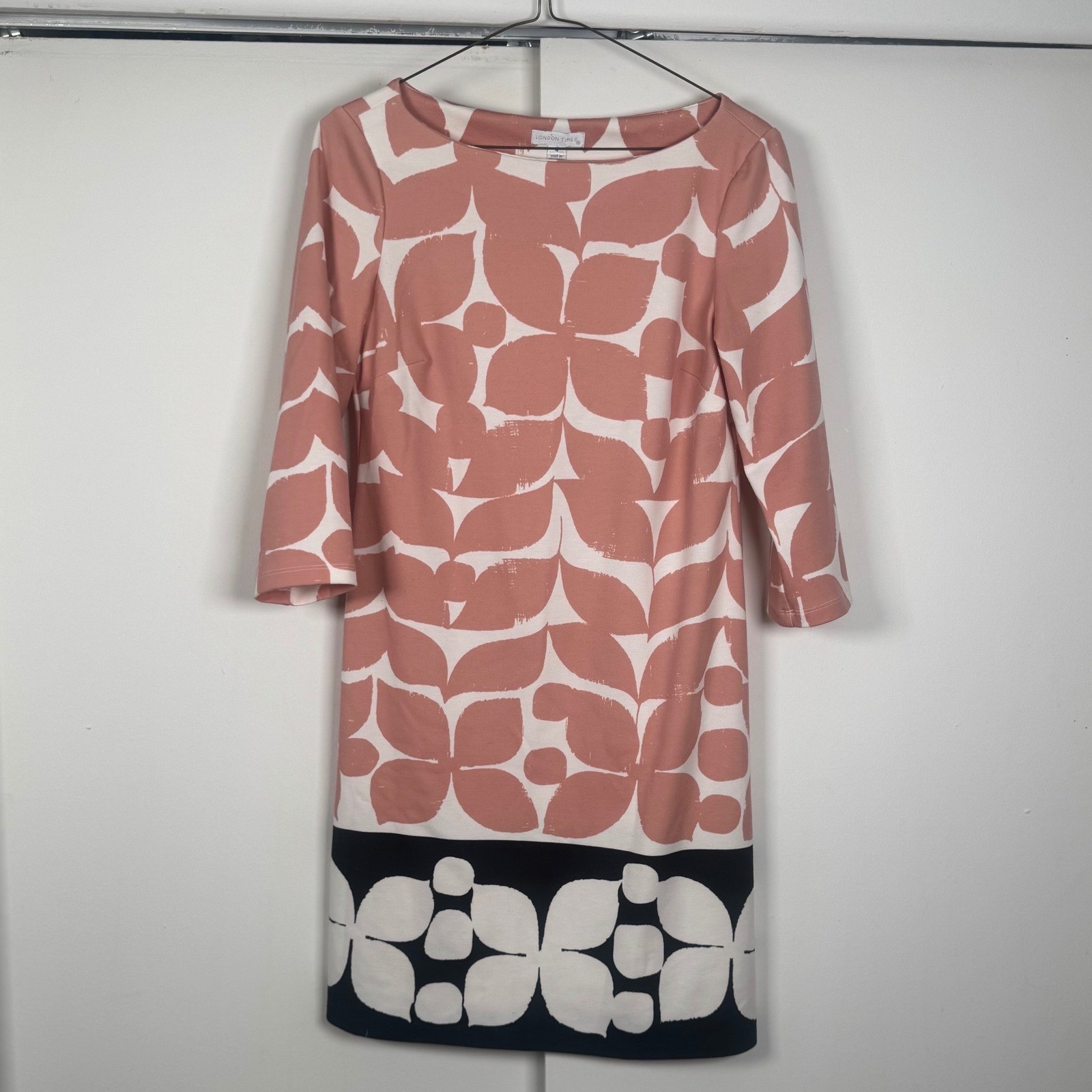 London Times Pink Navy Blue Geometric Floral Sheath Dress 3/4 Sleeve Boat Neck 4