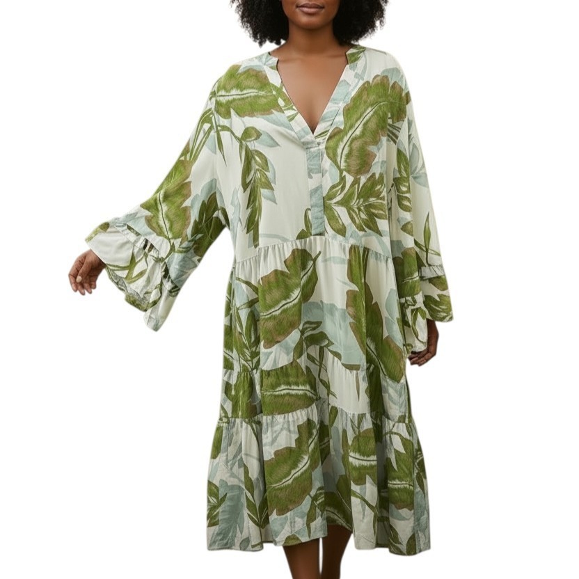 Mlle Gabrielle 2X Tropical Palm Leaf Midi Dress Ruffled Bell Sleeve Boho Plus