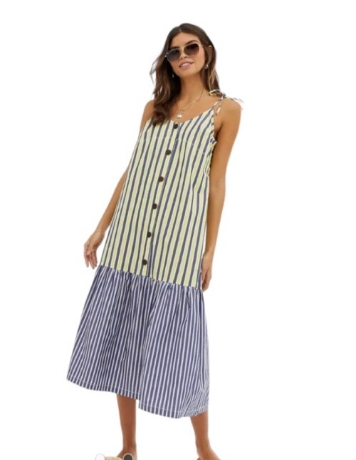 ASOS Sundress Blue Yellow Stripe Peplum Midi Smock Button Front Tie Sleeves US 0