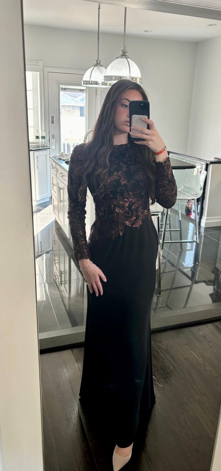 Tadashi Shoji Black Long Sleeve Embroidered Pinkish Sequin Gown Size 2 New
