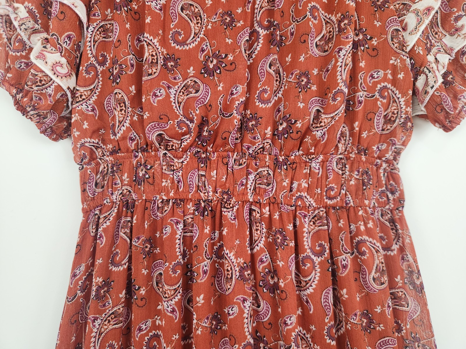 By The River Size M Rust Brown Paisley Floral Elastic Waist Boho Ruffle Dress