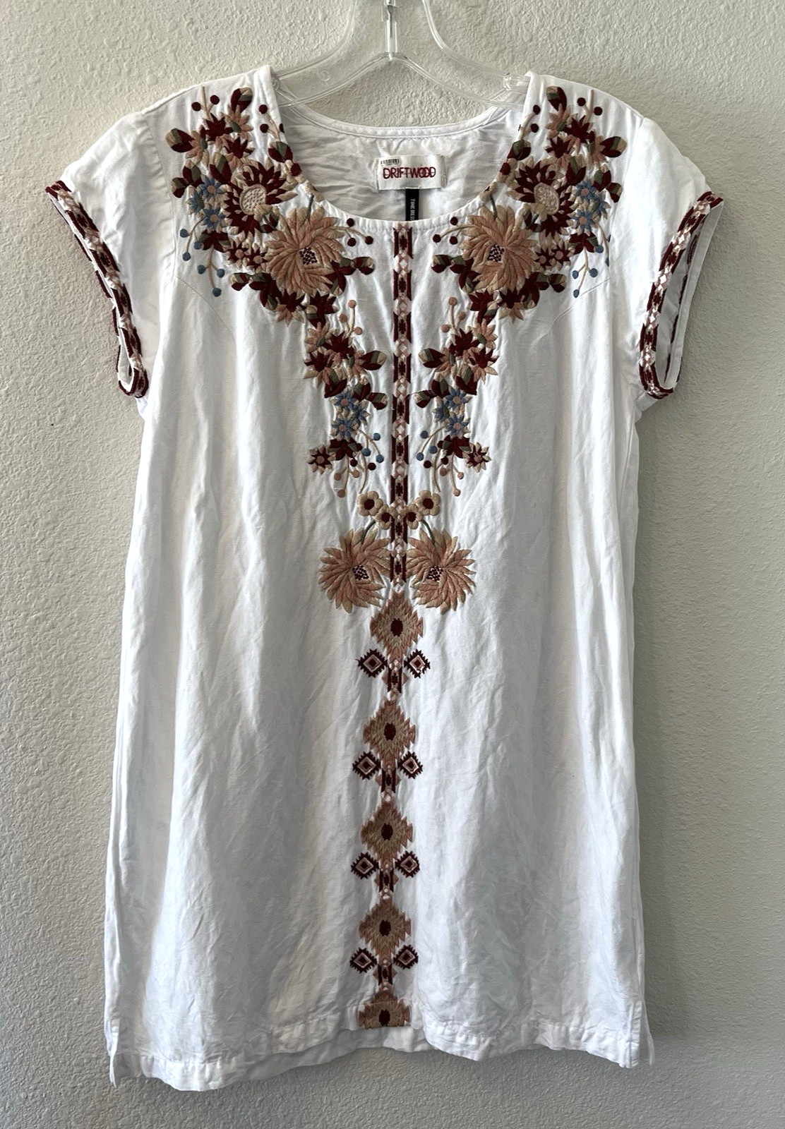 Driftwood Women’s Tunic Dress Small Floral Embroidered Boho Cotton Linen