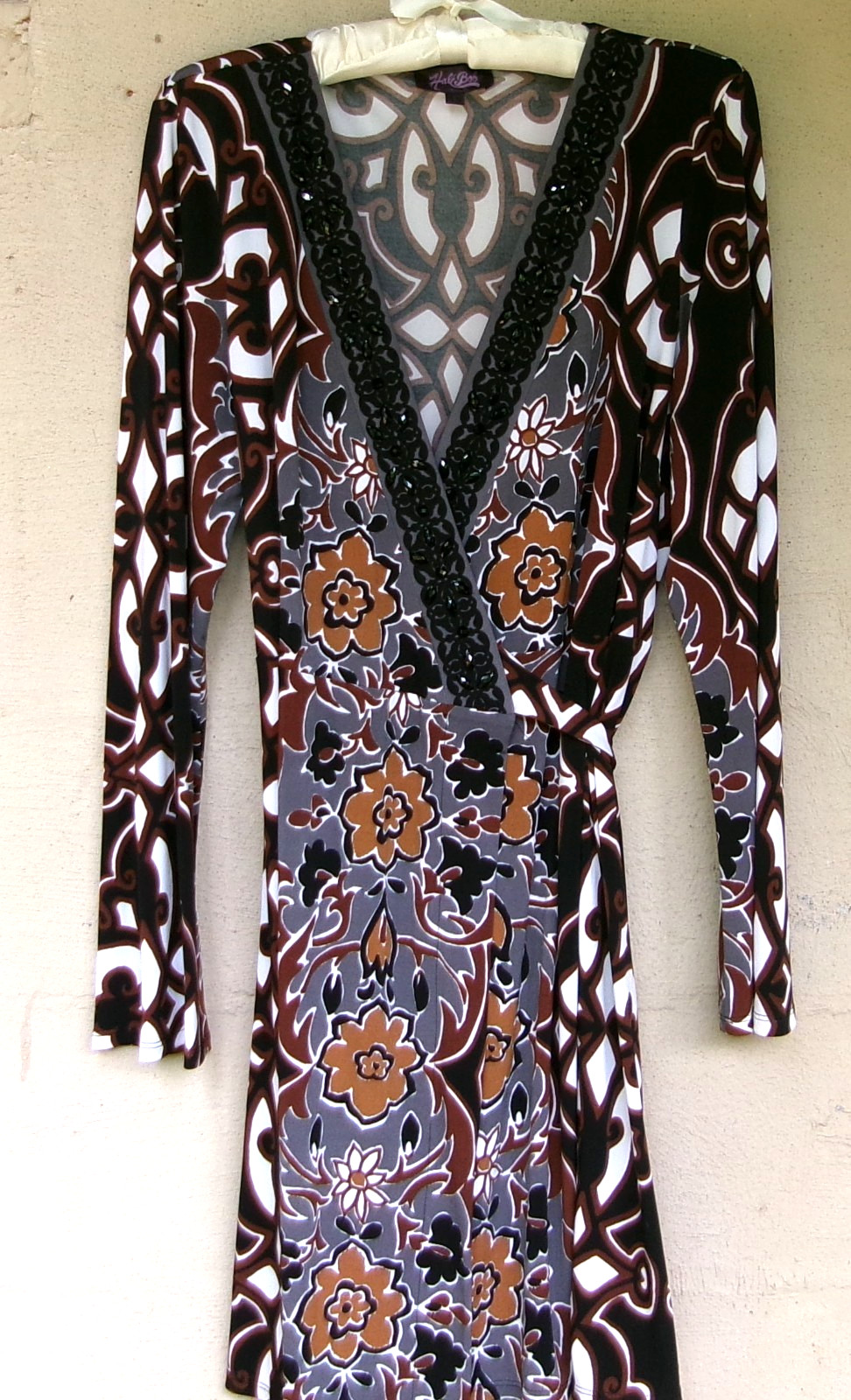 Hale Bob Faux Silk Jersey Wrap Dress w/Black Beaded Trim Y2K Boho Design Large