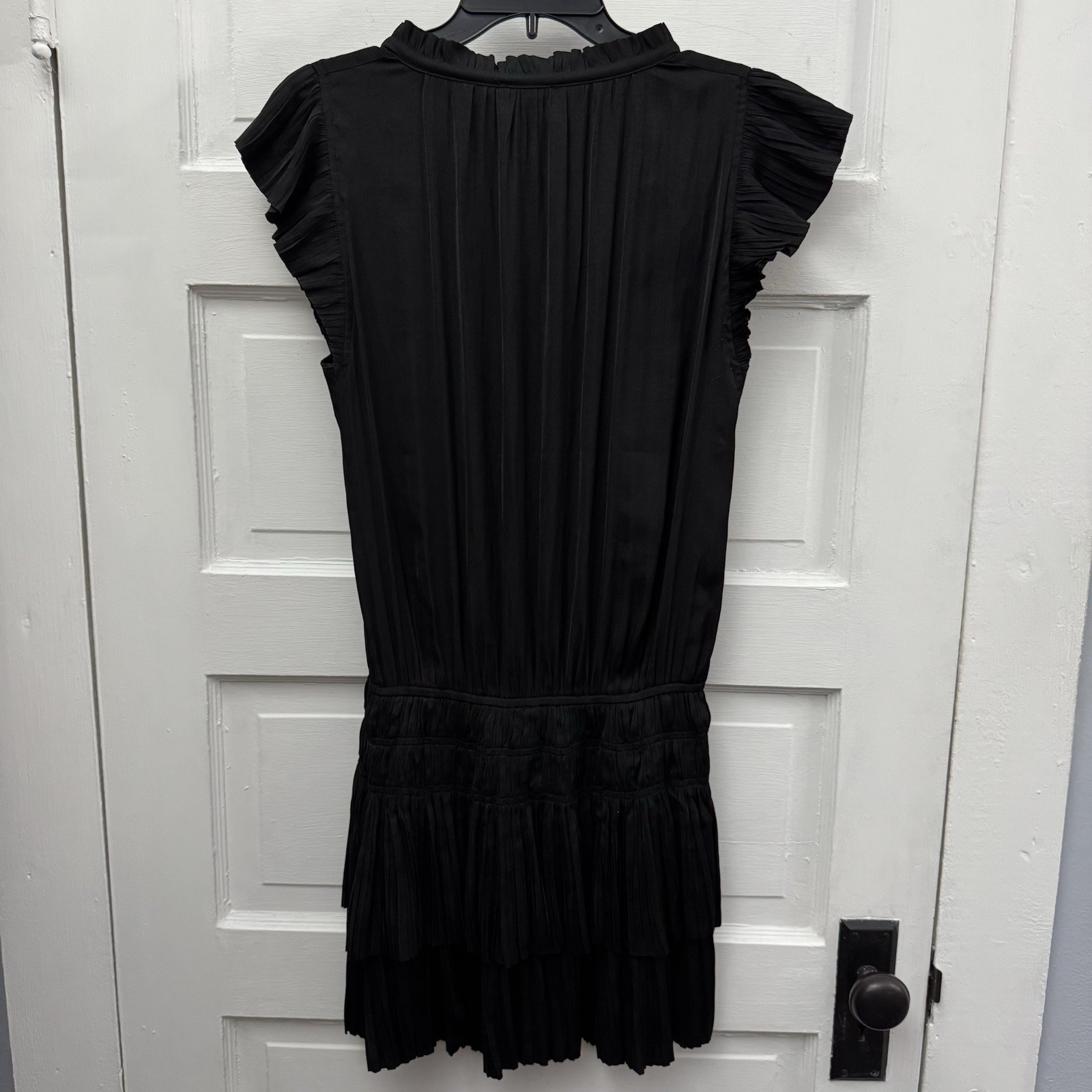 Current Air Black Pleated Ruffle Dress Size S Tie Neck Tiered Mini Boho