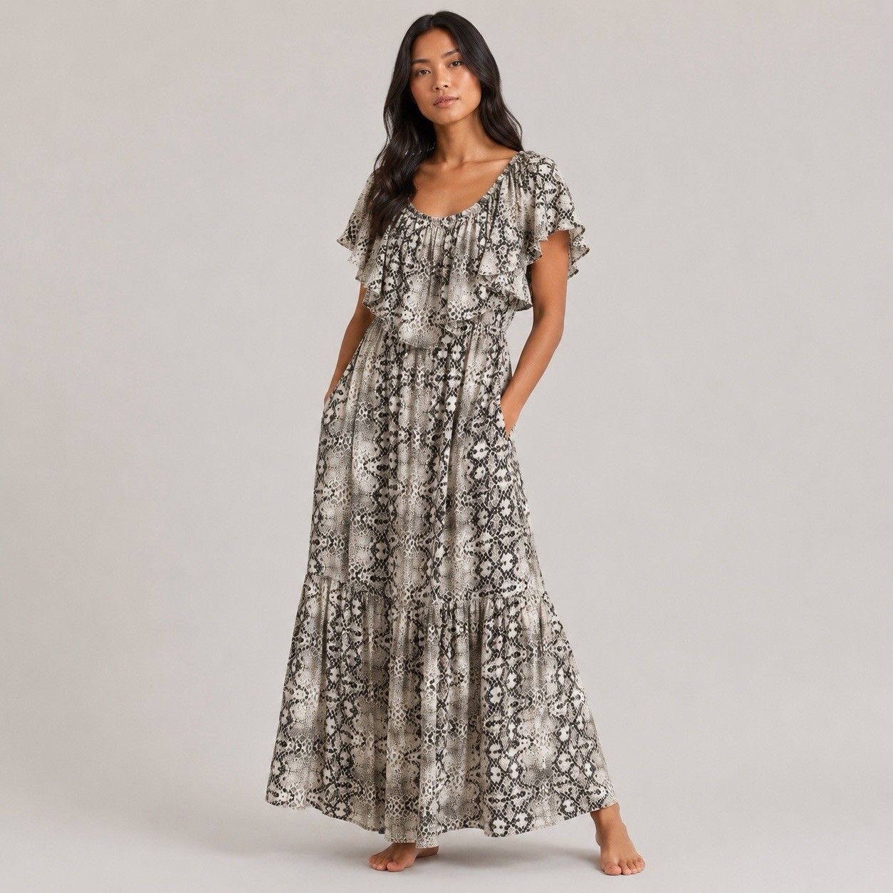 Eloquii snake print maxi dress women’s 2XL 20W boho ruffle puff sleeve