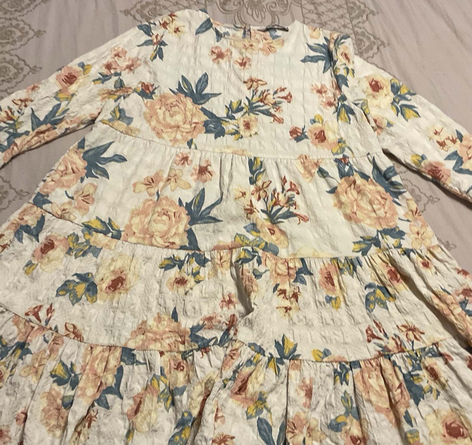 Zara Floral Ruffle Knee Length Dress Ivory Pink Blue Round Neck 3/4 Sleeve