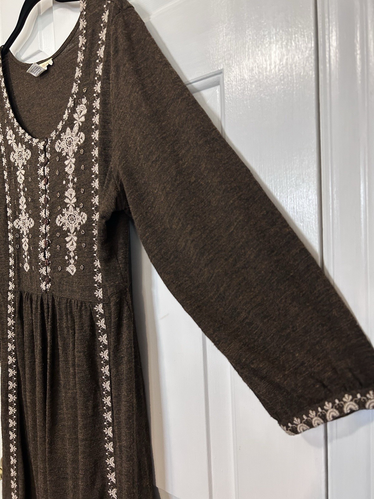 Sweet Magnolia Womens Large Embroidered Boho Dress Prairie Beaded Brown Cottage