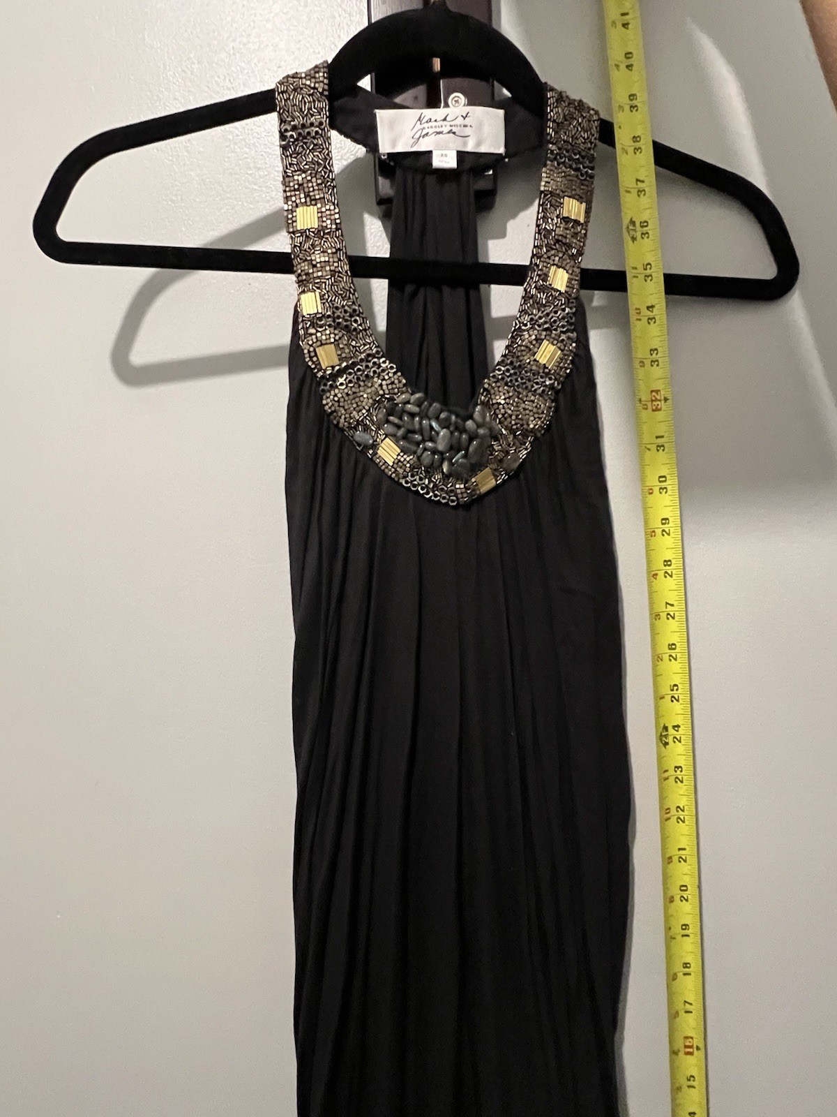 Badgley Mischka Solid Black Beaded Pleated Halter Maxi Dress XS Viscose