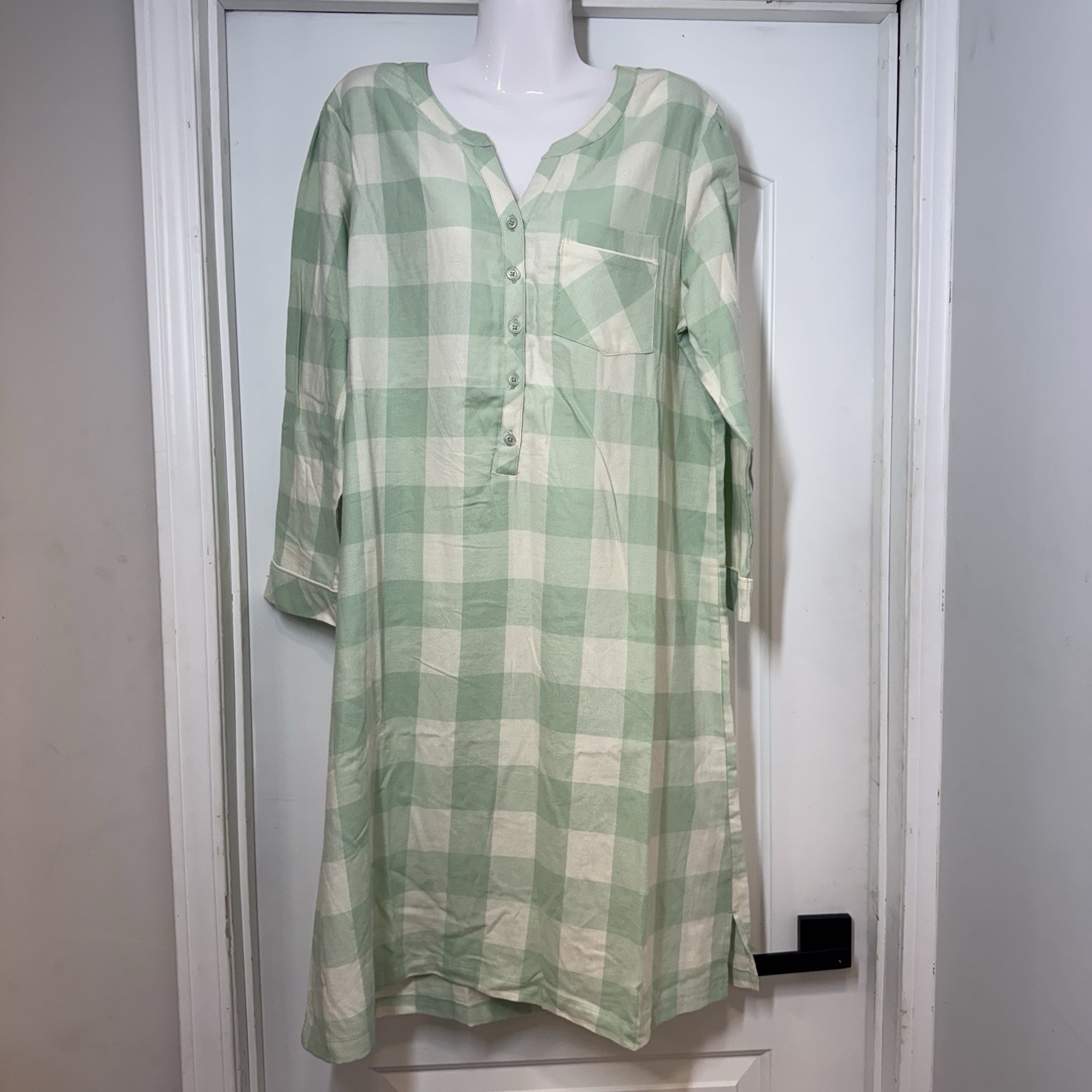 NWT National House Patio Dress PL Petite Green Plaid Muumu Pearl Snap Robe Cabi