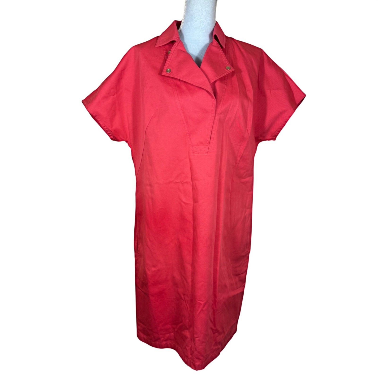 Pink Akris Punto Short-Sleeve Collared Cotton Shift Dress With Snap Buttons 12