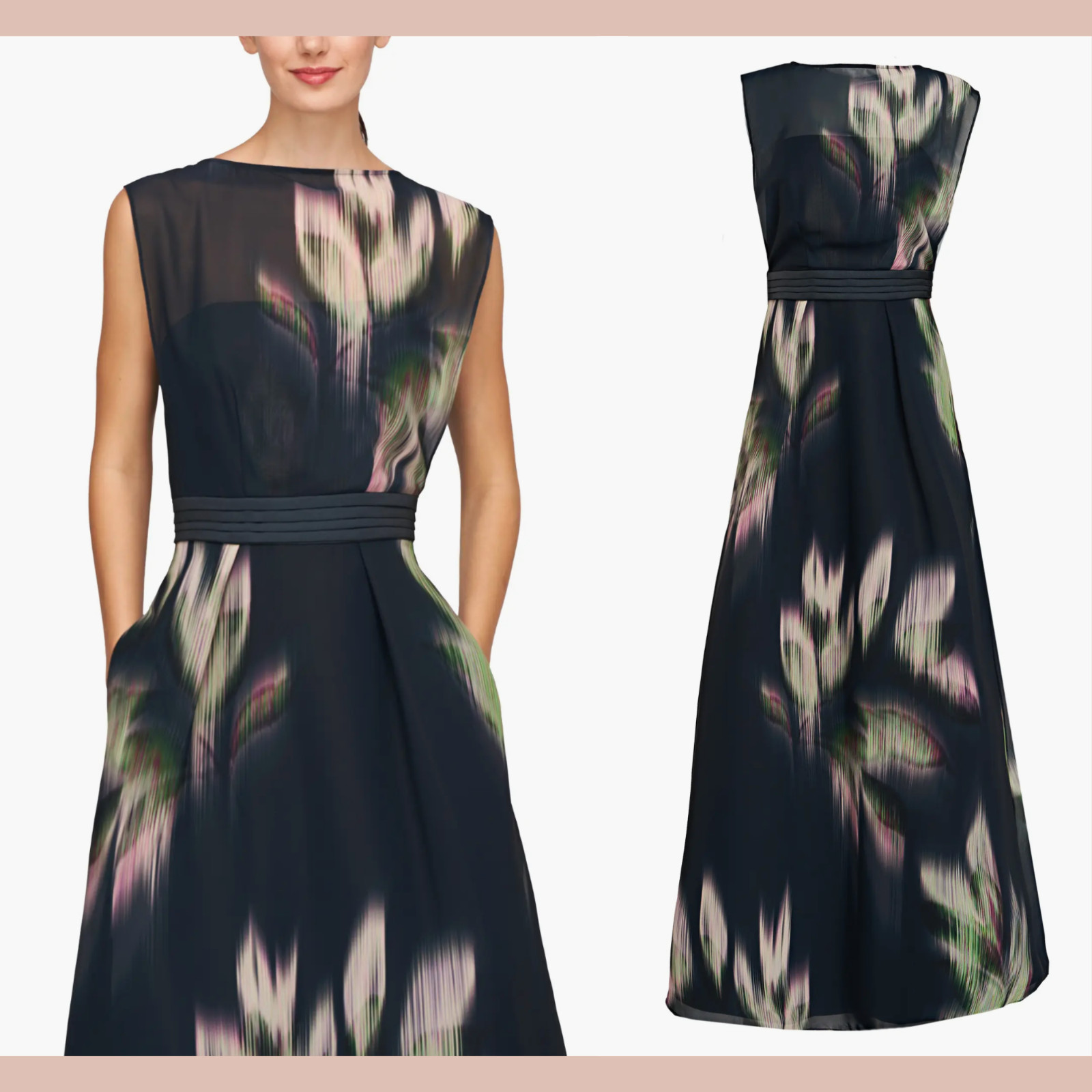 NEW $398 KAY UNGER [ 14 ] Tess Sleeveless A Line Gown in Black Green J1982