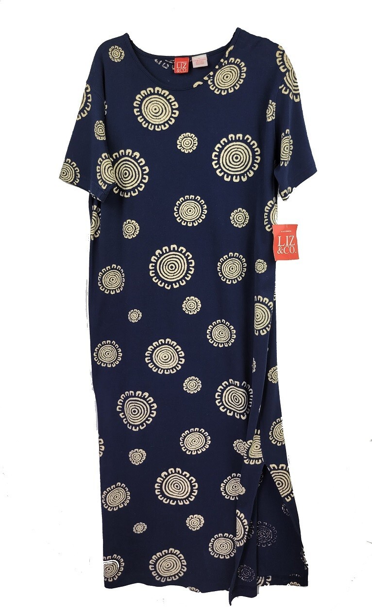 NWT Liz & Co Liz Claiborne Navy primitive print Women’s Navy Maxi Dress Sz L