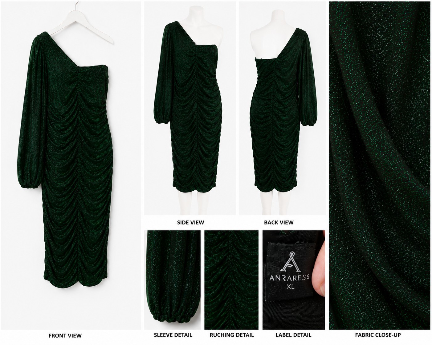 ANRABESS EmeraldGreen Glitter One Shoulder Ruched Stretch Bodycon Dress XL