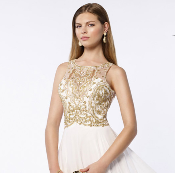NWT Alyce Paris Gold Beaded Cutout Back Gown Dress Sz 000 White Sweep Train
