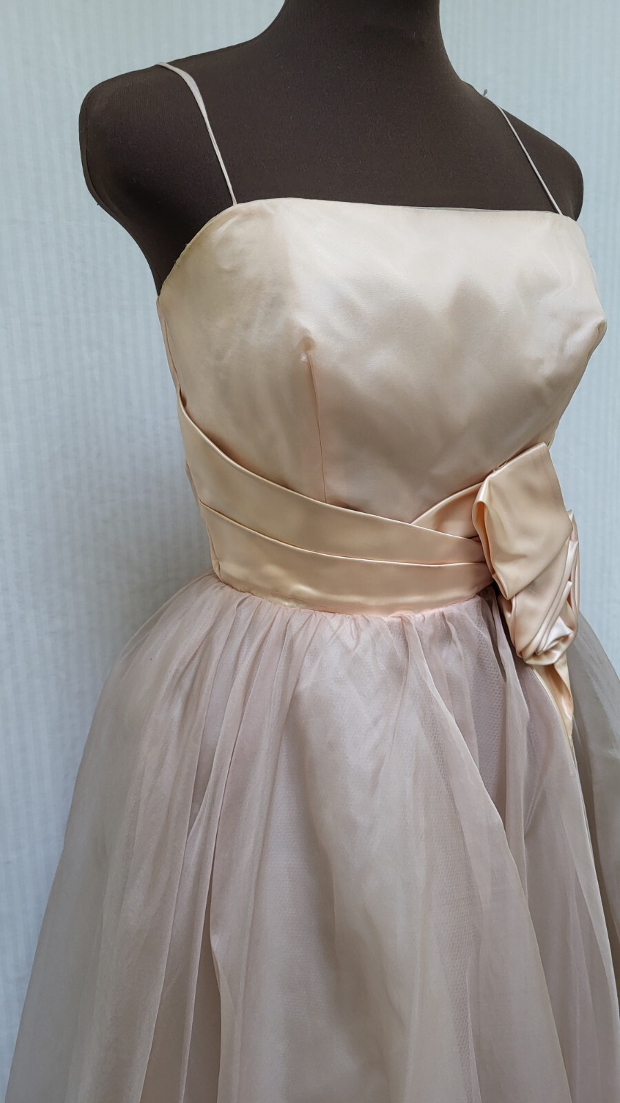 Vintage 1950s Peach Satin Dusty Rose Organza Tulle Party DRESS Size S G2U