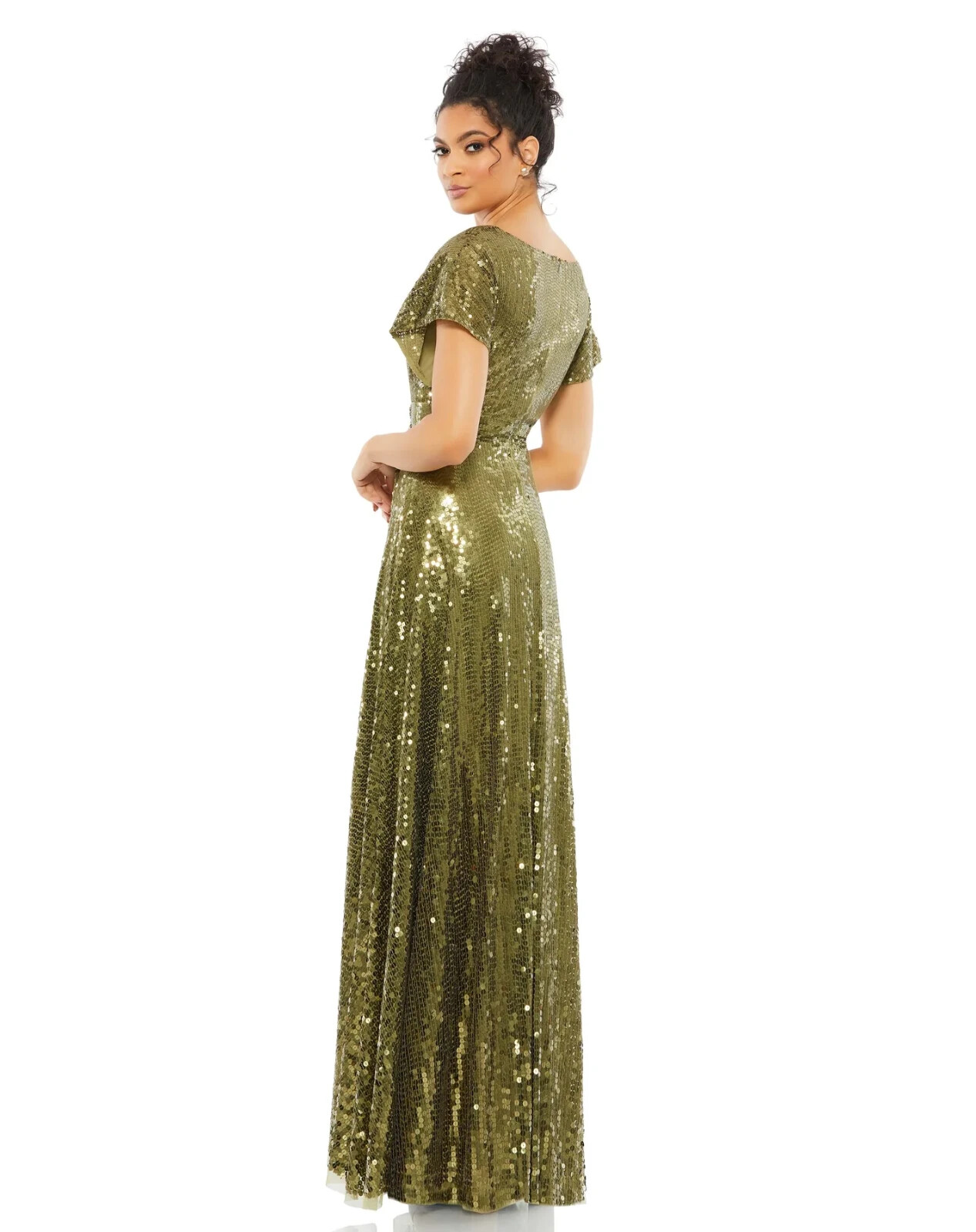 Mac Duggal Olive Green Sequined Butterfly Sleeve Faux Wrap A Line Gown 16 $598
