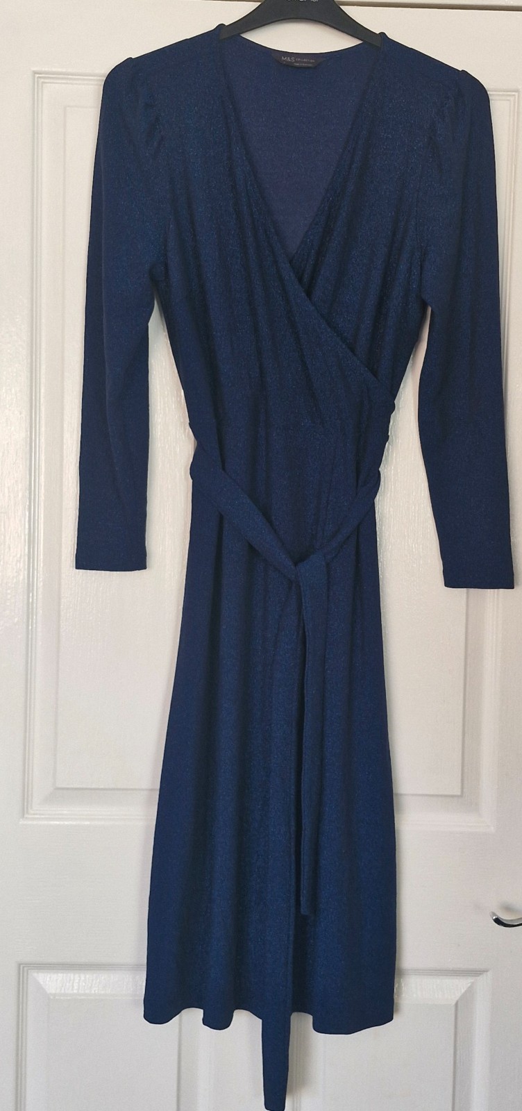 Marks And Spencer Sparkly Midi Dress Size UK 12 Navy Blue Stretch With Belt
