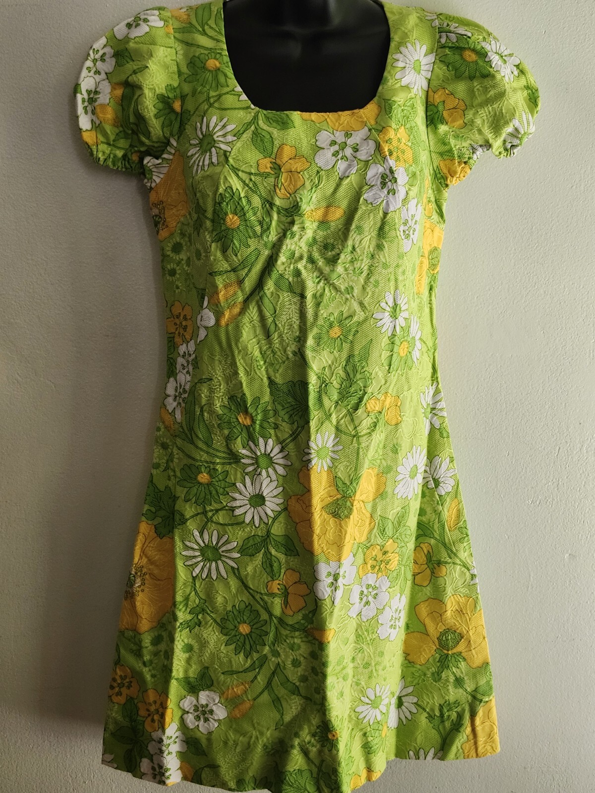 Vintage 60s Handmade Retro Twiggy Green/Yellow Flower Power Women’s Mini Dress S
