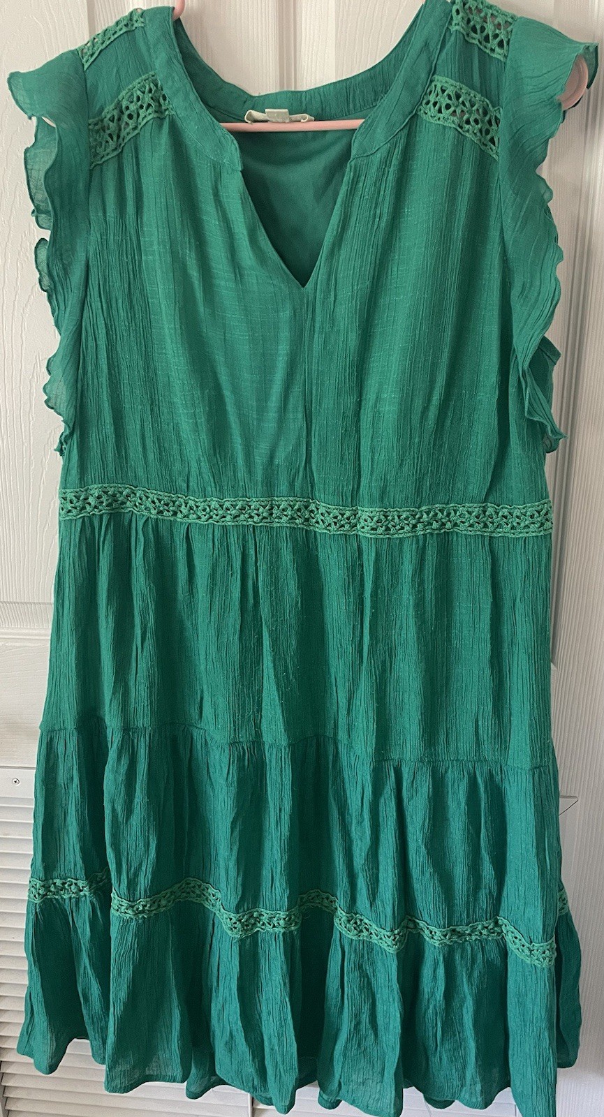 Indigo Rose Woman Large Green Crinkle Gauze Dress Crochet Lace Flutter Boho