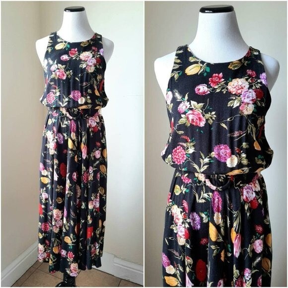 Vtg Wildflower Print Teacher Maxi Dress Blouson Sleeveless Belted Long Rayon S/M