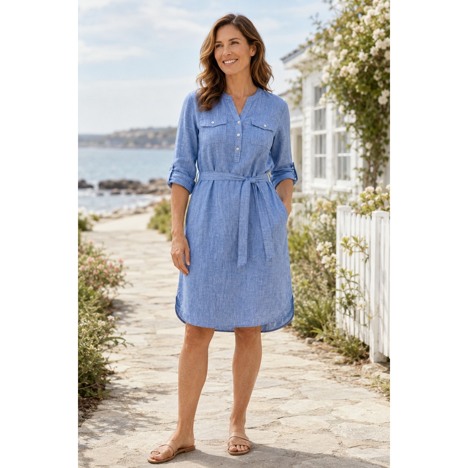 Talbots Blue 100% Linen Belted Shirtdress Small Roll Tab Sleeve Coastal