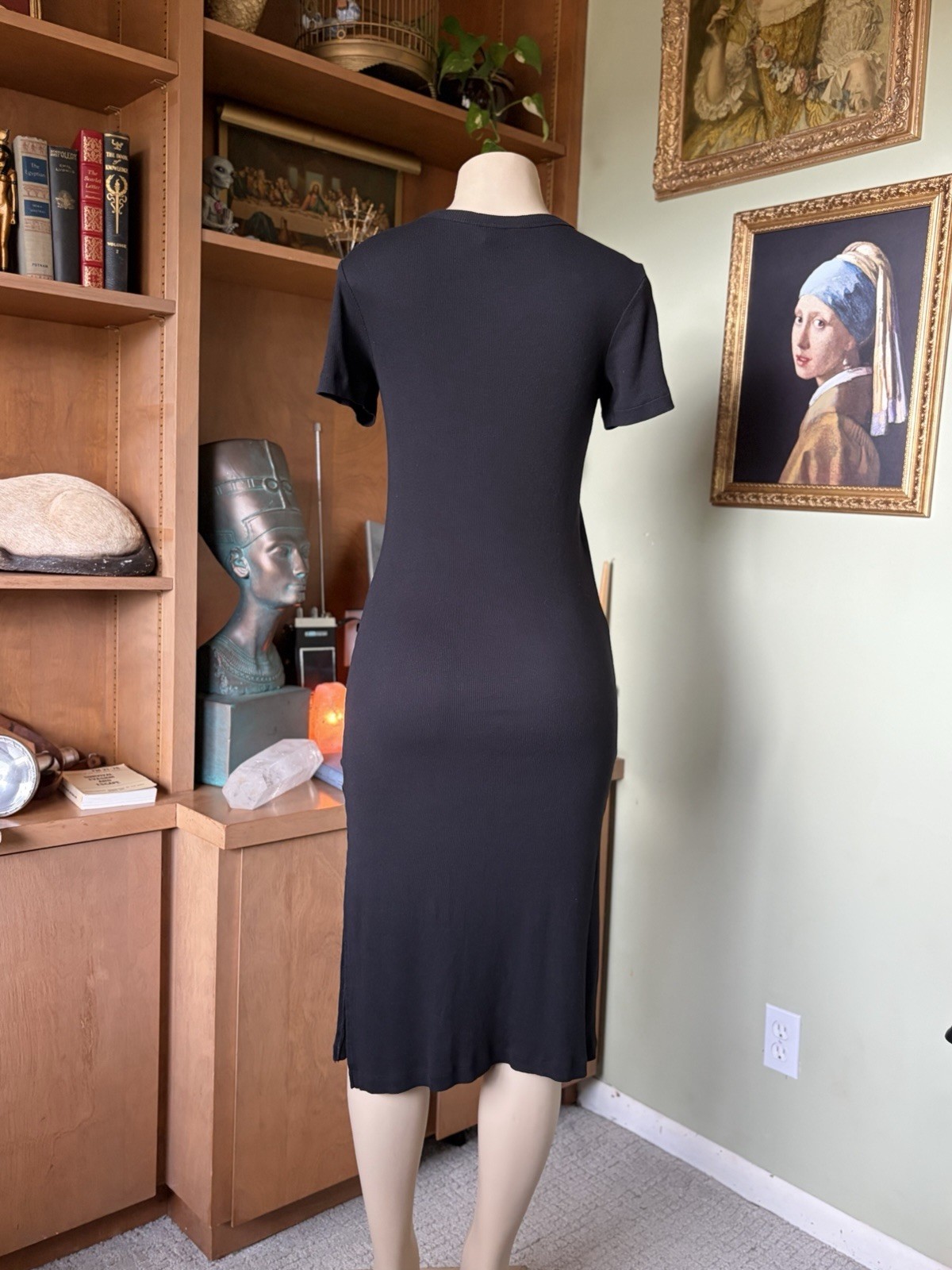 H & M Black Short-Sleeve Soft Rib Knit Midi Dress Size XS Dark Romantic Bodycon