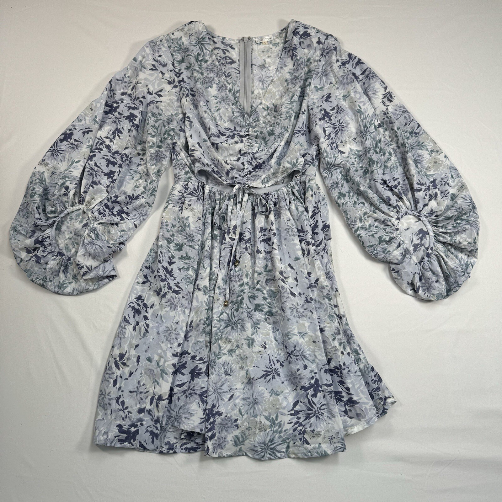 Limelush Dress Womens Large Blue White Bubble Sleeve Floral Mini V Neck Cut Out