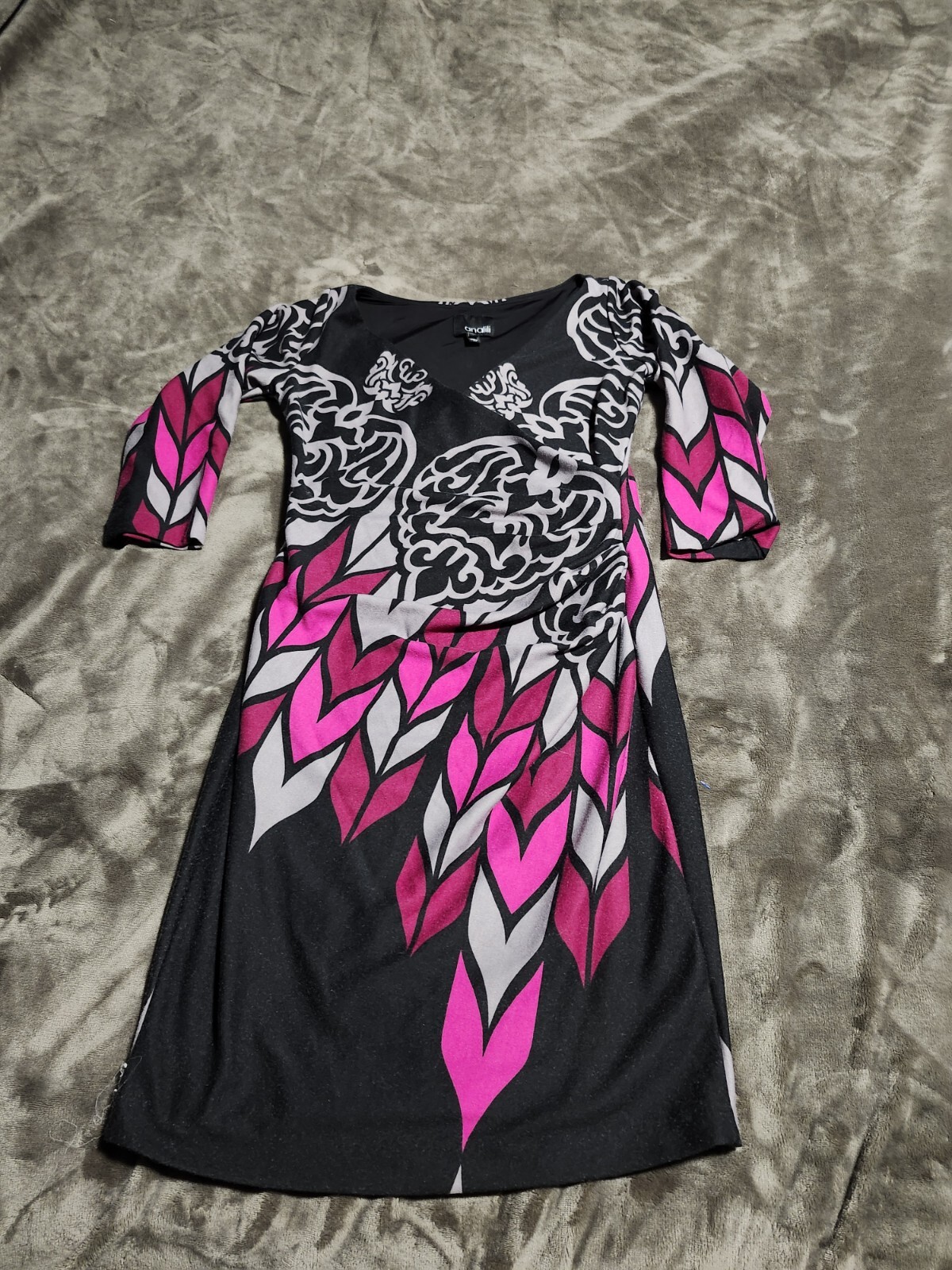 Analili Women Blouson Mini Dress Size Medium Stretch 3/4 Sleeve Colorful, Lined