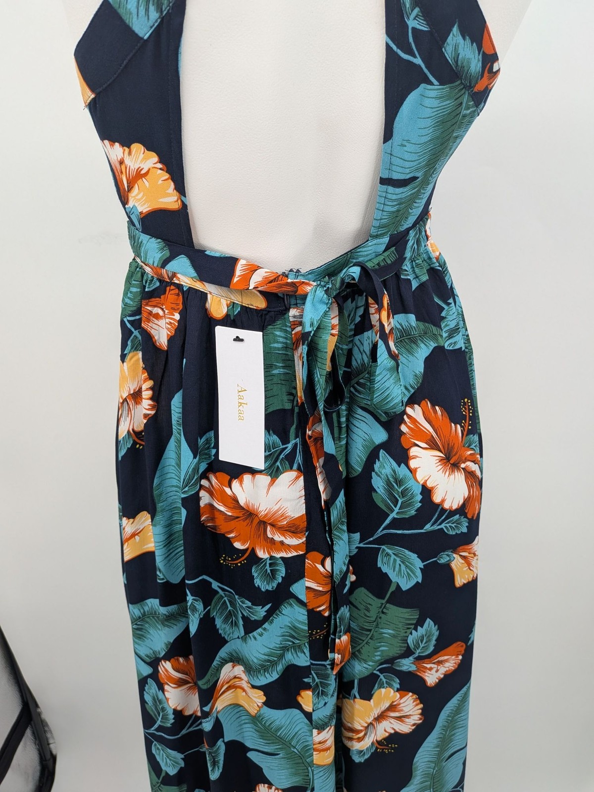 Floral Halter Maxi Dress Romantic Tropical Coastal Resort Open Back Boho Size XS