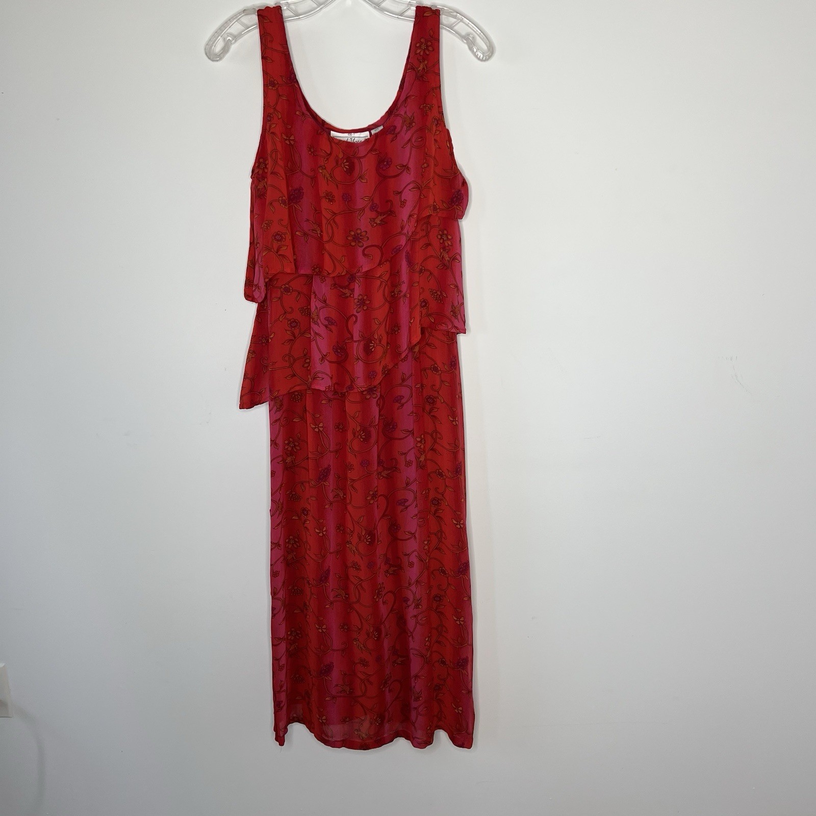 Sacred Threads Dress Womens M/L Red Chiffon Floral Boho Layered Festival India