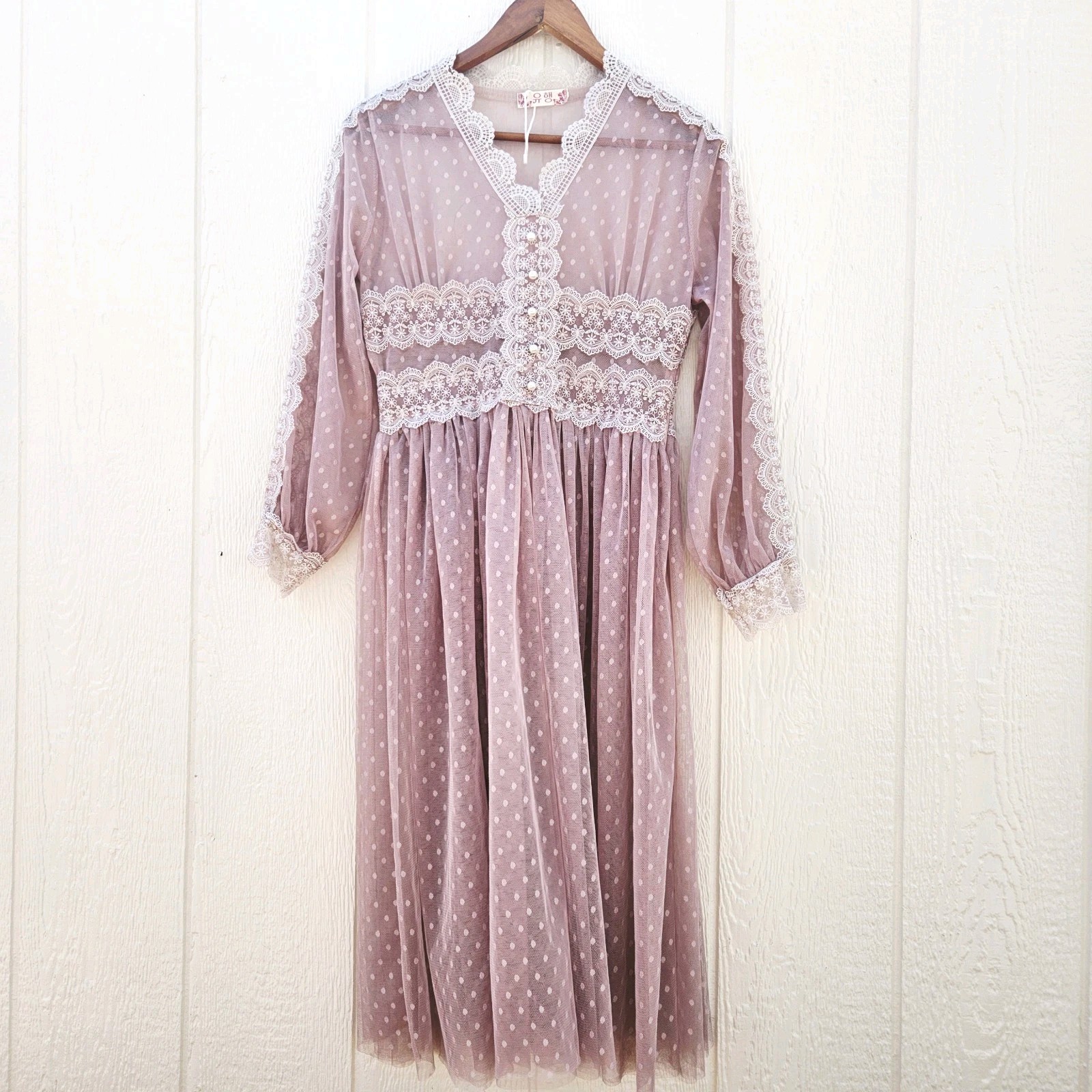 Midi Dress M Pink Sheer Tulle Lace Fairy Couquette Cottagecore Flowy Prairie