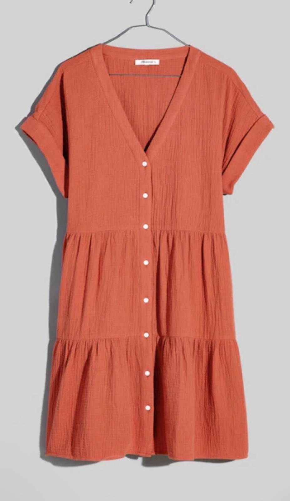 New Madewell Lightspun Cuff Sleeve Button Front Tiered Mini Dress Orange Sz M