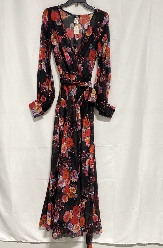 Va Va Voom Women’s Black Floral Wrap Maxi Dress Long Bishop Sleeve NWT Sz S