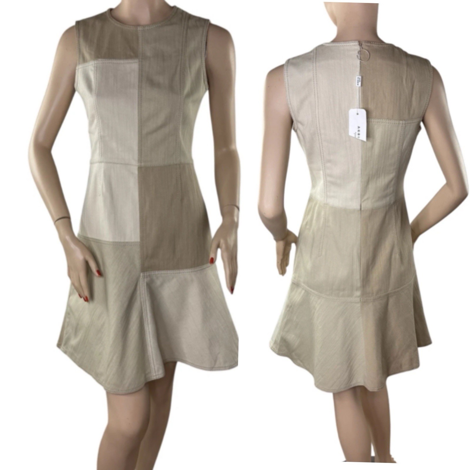 NWT AKRIS Punto $1,290 Ivory & Beige Washed Denim Patchwork Mini Dress US 6