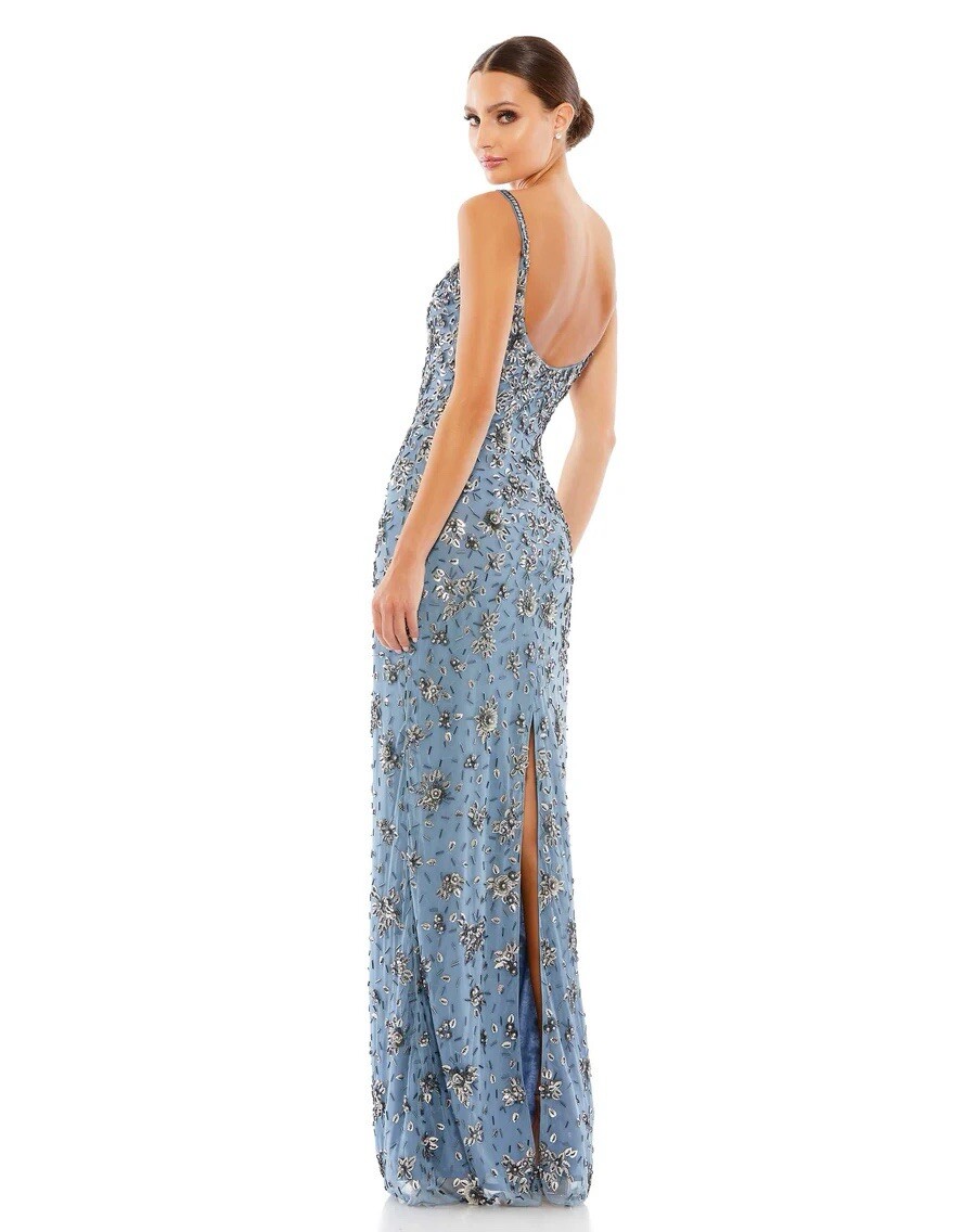 MAC DUGGAL FLORAL EMBELLISHED SCOOP NECK EVENING GOWN 5477 SIZE 16 SLATE GRAY