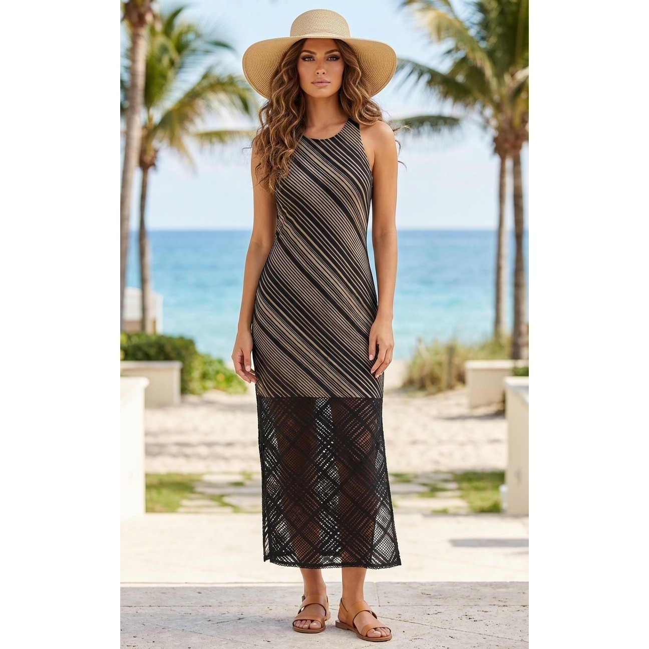 Apt. 9 Maxi Dress Womens Large Black Tan Striped Minimalist Coastal Chic