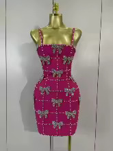 Women Elegant Luxury Bow Diamonds Pearl Club Evening Party Mini knitted Dresses