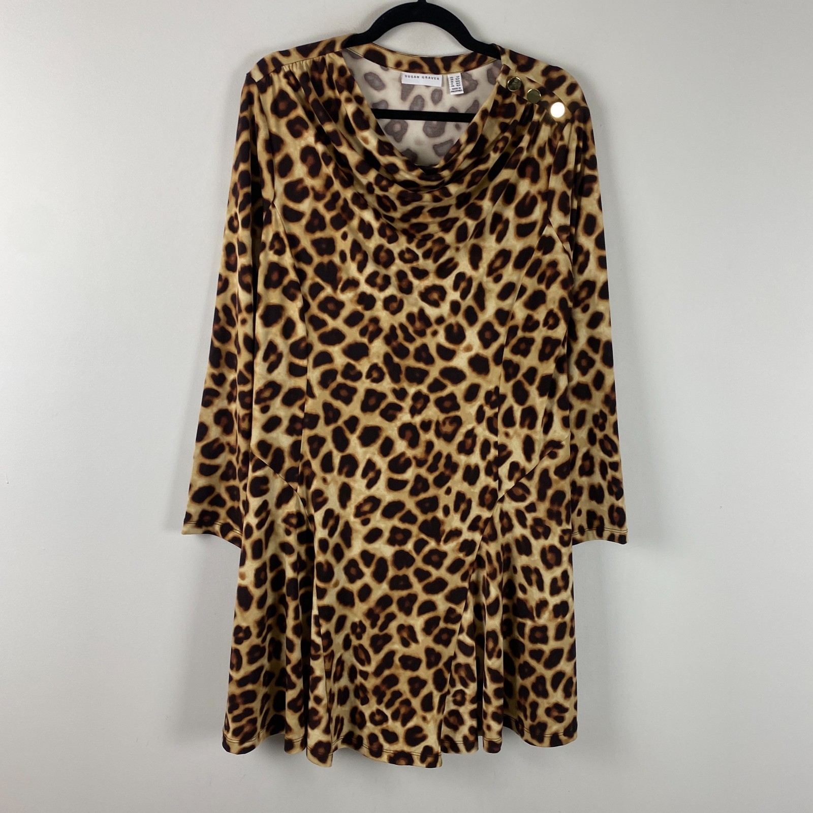 Susan Graver Liquid Knit Swing Dress Size Petite Large Cowl Neck Leopard Print