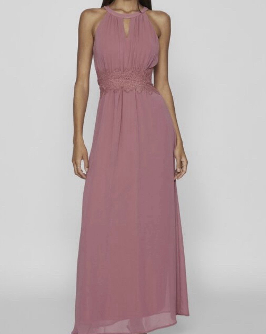 VILA Pink Halter Neck Chiffon Maxi Dress Lace Waist Zip Closure EU 40