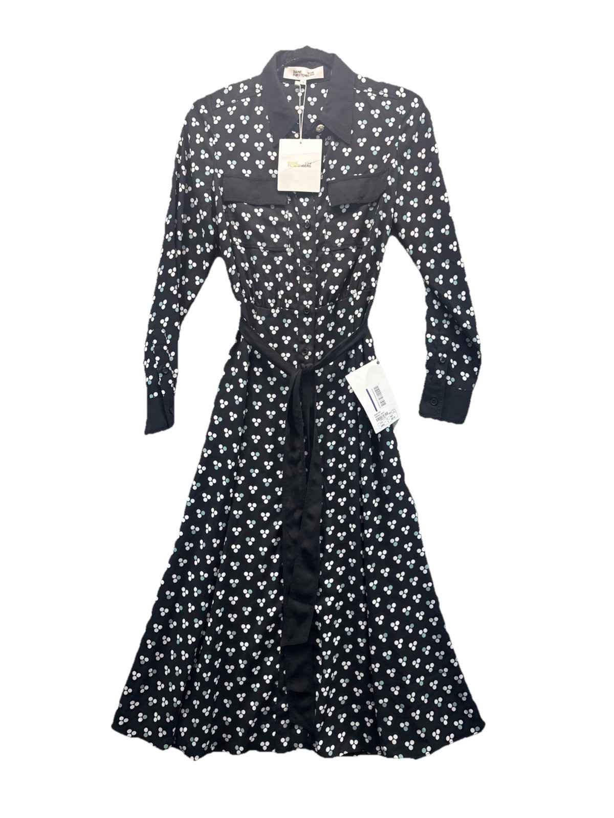 DVF Antoinette Printed Crepe de Chine Midi Shirt Dress Black White Belted NWT S