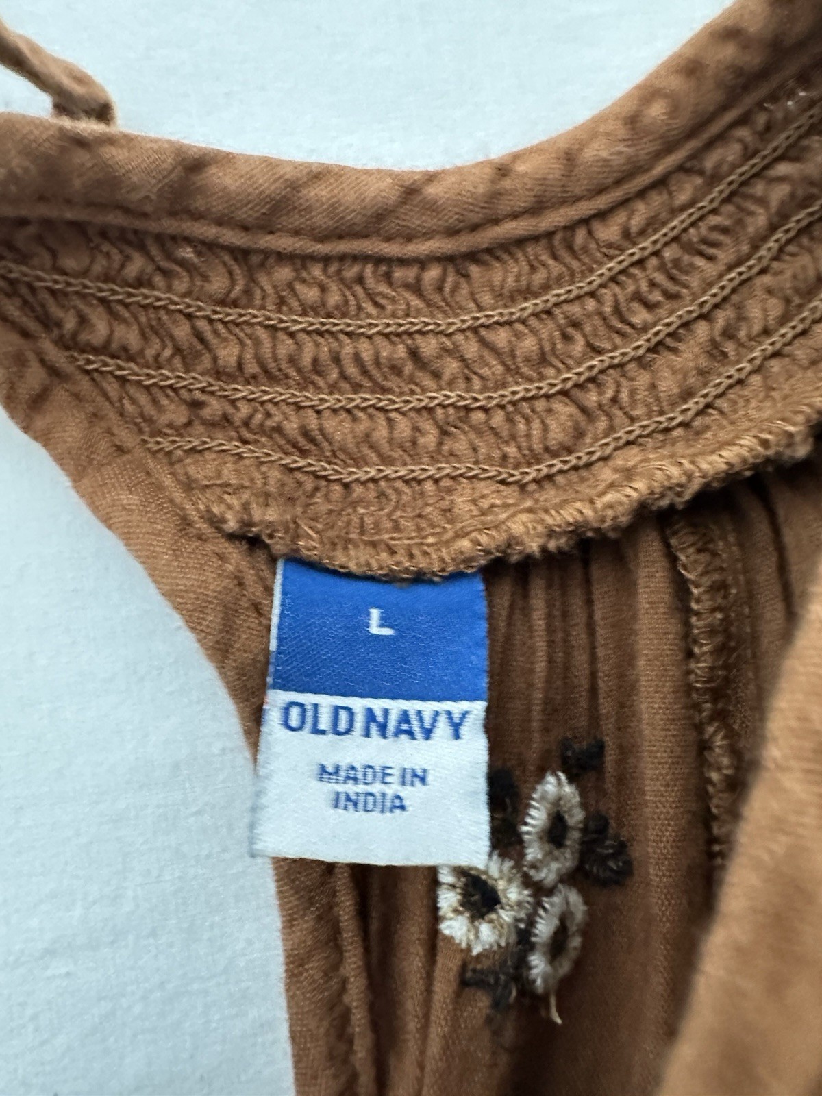Old Navy Brown Midi Dress Embroidered Puff Sleeve Tiered Pockets Tie Back L Boho