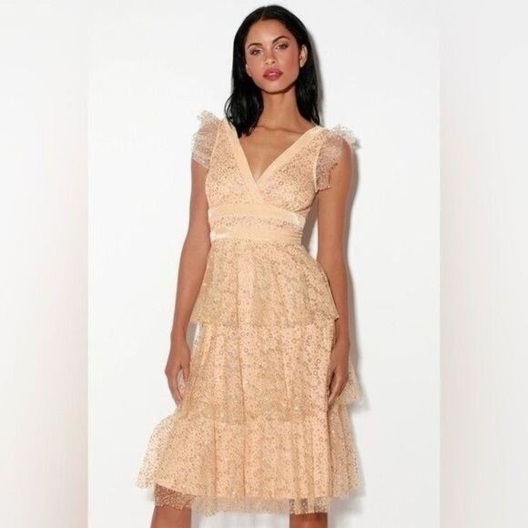 Lulus Stunning Love Nude and Gold Glitter Tiered Midi Party Cocktail Dress Small