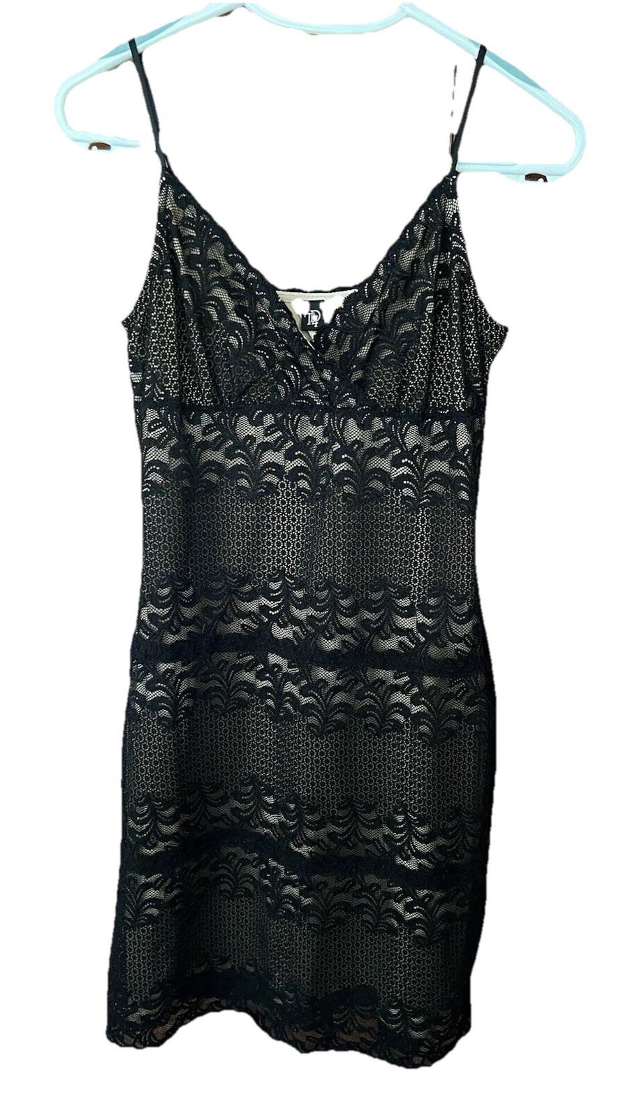 TD4 Woman’s Black Beige Lace Sheath Career Cocktail Party Dress Size Large EUC