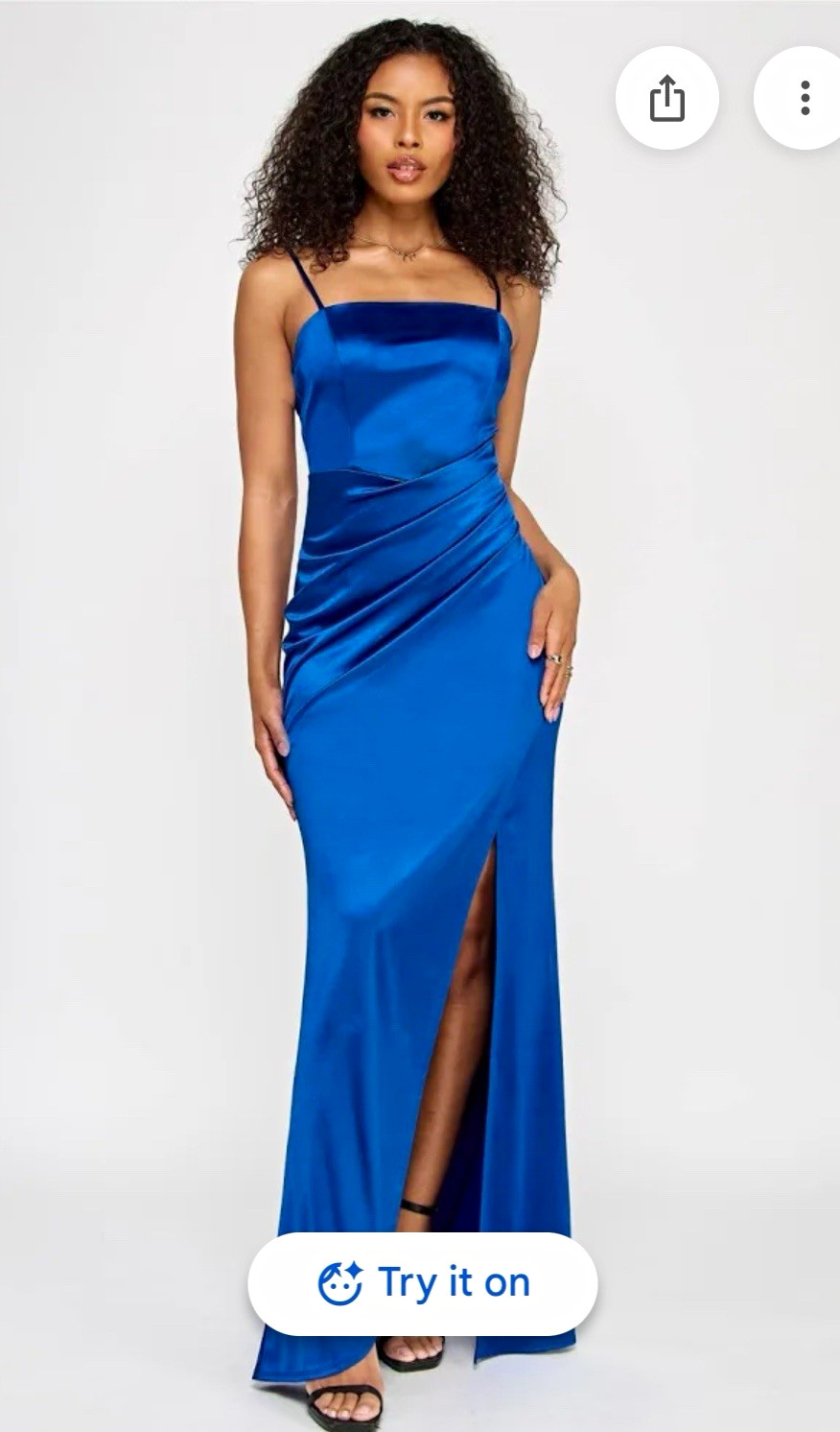 Emerald Sundae Blue Satin Ruched Maxi Gown Square Neck Spaghetti Side Slit L
