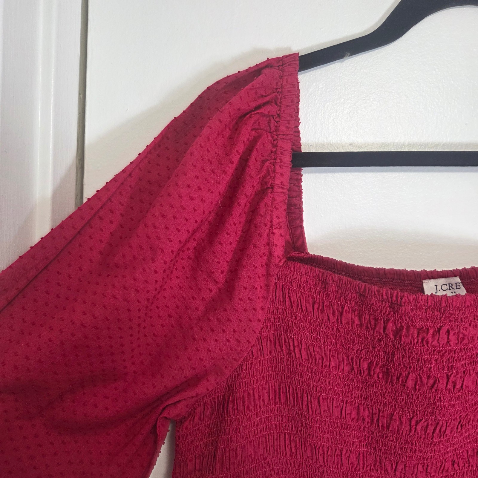 J. Crew Smocked Clip Dot Long Puff Sleeve Mini Dress Red Raspberry Size L