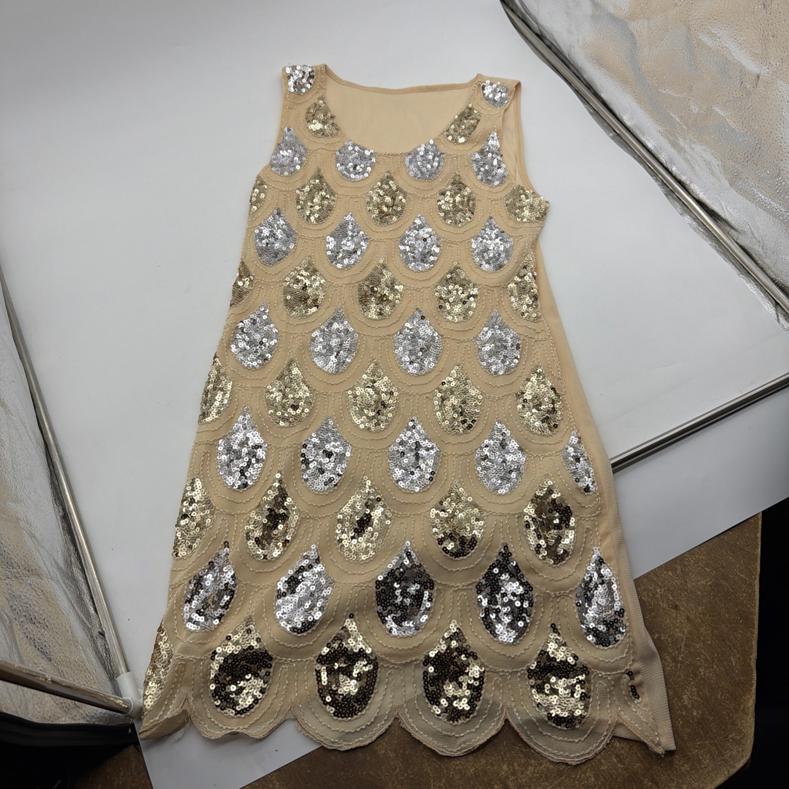 Fashion Womens Beige Sequin Teardrop Peacock Crew Neck Sleeveless Party Dress