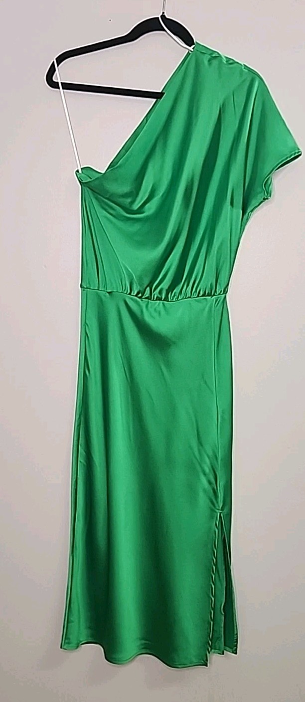 RENEE C. Womens Small One Shoulder Kelly Green Scarf Satin Maxi Dress Sexy