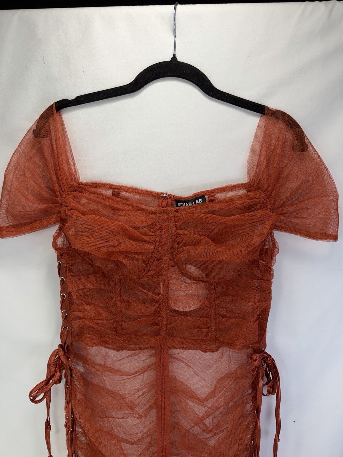 Rehab Lab Sheer Ruched Rust Midi Dress Sz L Tie Up Sides Stretchy Festival Party