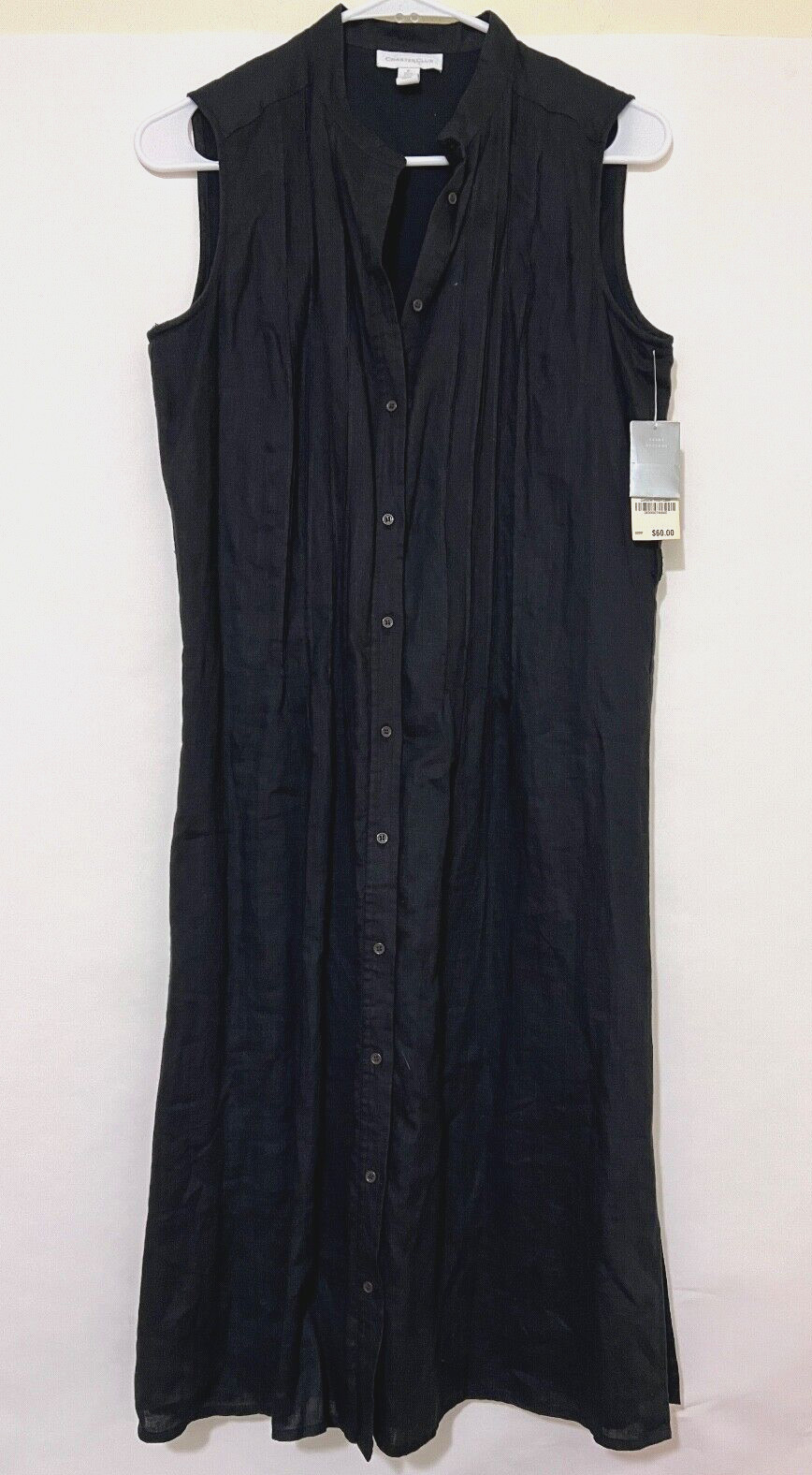 Charter Club Fiji Womens 8 Classic Black Pleated Button-Up Sleeveless Dress