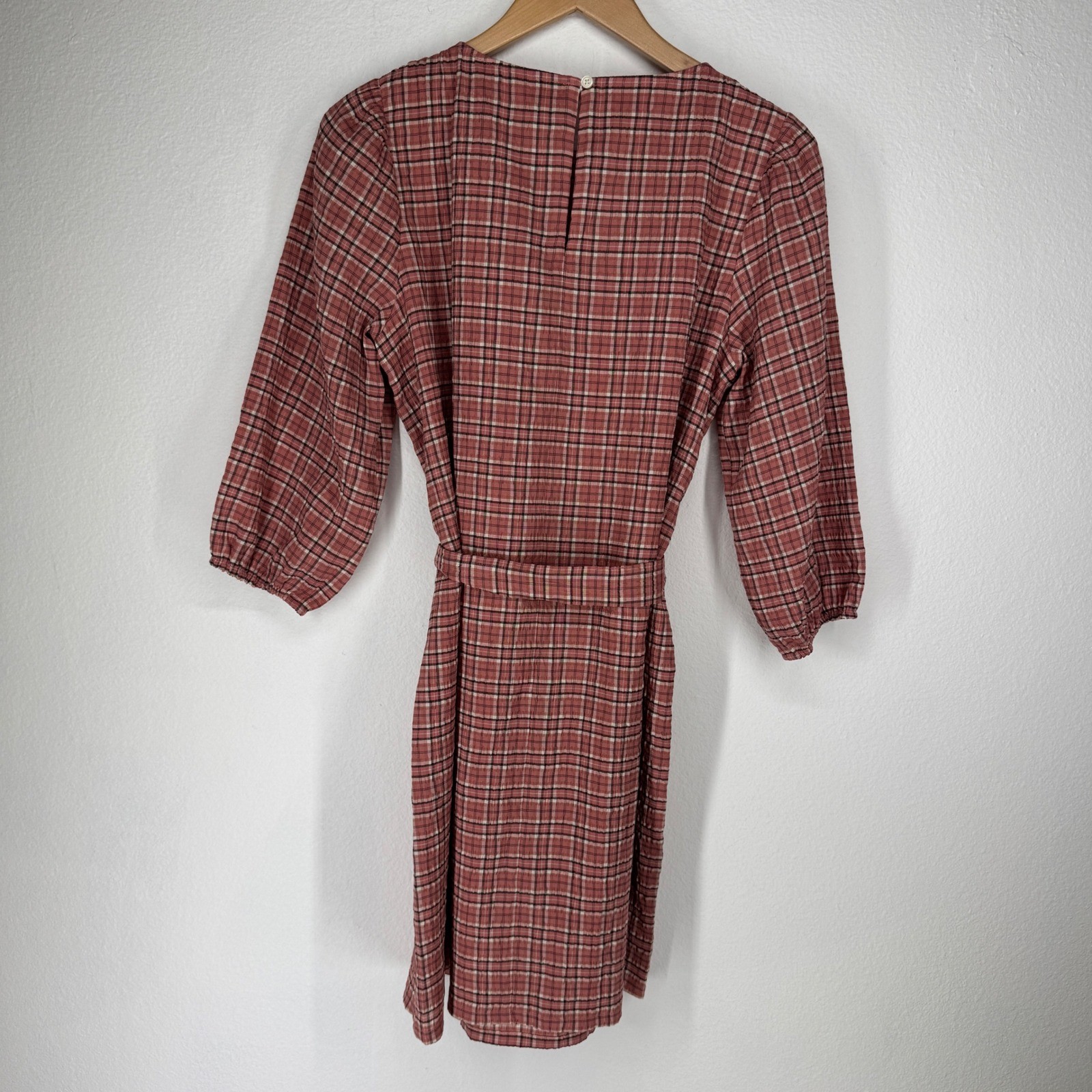 Loft Plaid Tie Waist Puff Sleeve Shift Dress Medium Petite Academia Preppy Twee